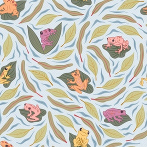 Charming leapfrog nursery wallpaper // large // frogs, lily pads, amphibians, blue, orange, purple, green