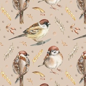 Sparrow birds. Hand drawn  watercolor painting on beige background - SMALL scale
