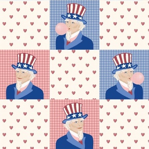 Uncle Sam Bubblegum on Americana Gingham and Hearts - Cheater Quilt
