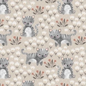 Spring Kittens and Flowers, neutral boho oyster – baby girl fabric (6” repeat)