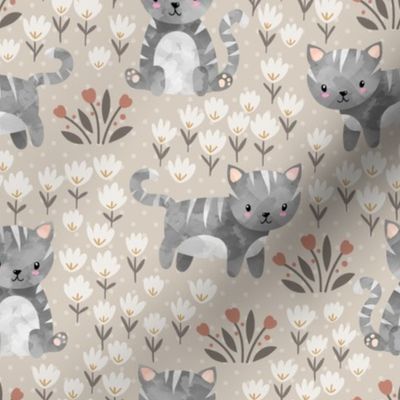 Spring Kittens and Flowers, neutral boho oyster – baby girl fabric (8” repeat)