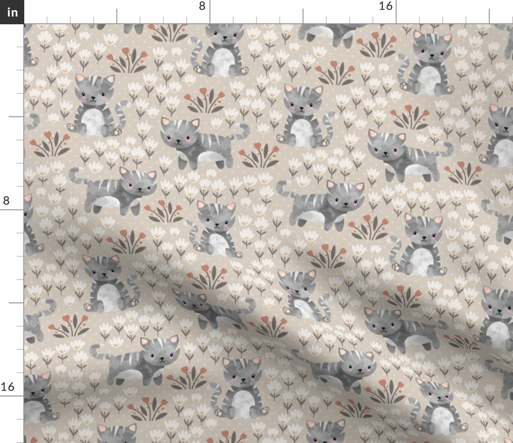 Spring Kittens and Flowers, neutral boho oyster – baby girl fabric (8” repeat)