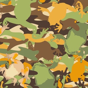 Large Scale Camo Frogs in greens, browns, beige and marigold. 