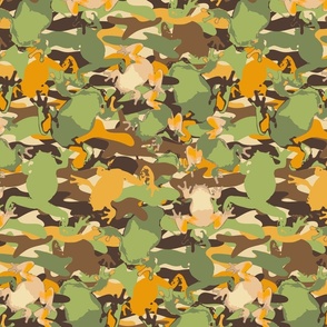 Medium Scale Camo Frogs in greens, browns, beige and marigold. 