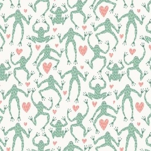 i heart frogs - aqua green leap frogs and pink hearts on an off white background - 6x6 inch repeat - small