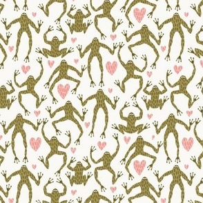 i heart frogs - moss green frogs and pink hearts on an off white background - 6x6 repeat - small