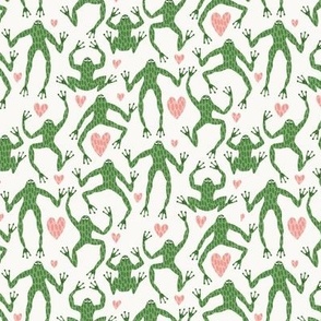 i heart frogs - kelly green leap frogs and pink hearts on an off white background - 6x6 inch repeat - small