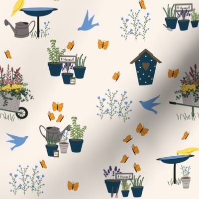 Whimsical Birds, Orange Butterflies, Bird Houses, Wheelbarrow Baskets of Flowers, Garden Tools, Plants, Herbs, and Bird Baths on Cream
