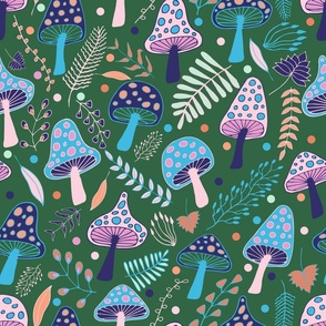 Moody Mushrooms - vintage, woodland, mushroom wallpaper, fabric