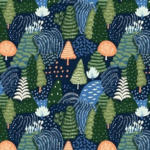 whimsical mushroom forest in green and blue