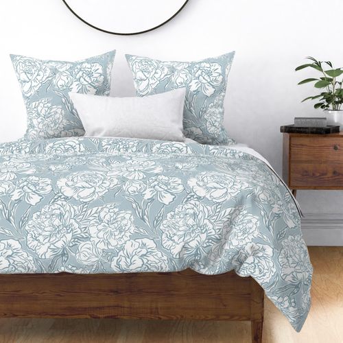 Large - Painted peonies - Soft dusty blue monochrome - soft coastal - painted floral - artistic light blue painterly floral fabric - spring garden preppy floral - girls summer dress bedding wallpaper