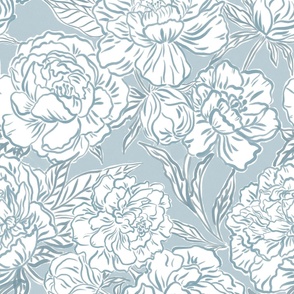 Large - Painted peonies - Soft dusty blue monochrome - soft coastal - painted floral - artistic light blue painterly floral fabric - spring garden preppy floral - girls summer dress bedding wallpaper