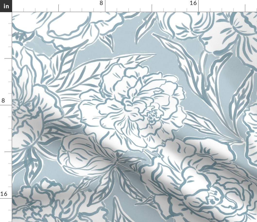 Large - Painted peonies - Soft dusty blue monochrome - soft coastal - painted floral - artistic light blue painterly floral fabric - spring garden preppy floral - girls summer dress bedding wallpaper