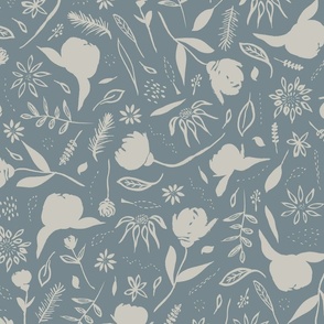 Hand Drawn Garden Flowers And Leaves Dusky Blue And Beige Large