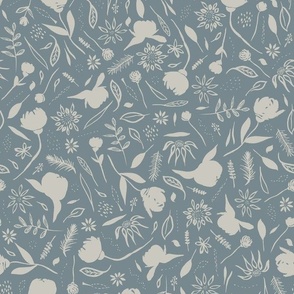 Hand Drawn Garden Flowers And Leaves Dusky Blue And Beige Medium