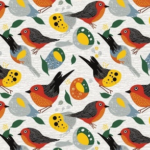 kawaii whimsical birds in gray and red