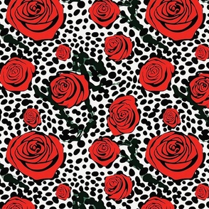 Red roses in graphic black and white polka dots
