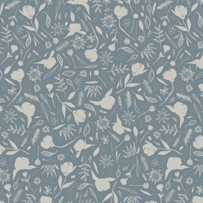 Hand Drawn Garden Flowers And Leaves Dusky Blue And Beige Small