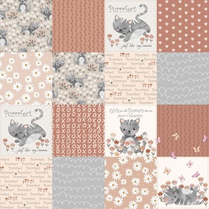 Boho Kitten Patchwork Quilt- neutral kitten fabric, flowers baby girl bedding (earth tone pattern B)