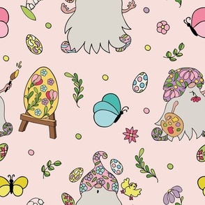Easter gnomes, chickens, eggs, butterflies, flowers and leaves on soft pink background. Spring design.