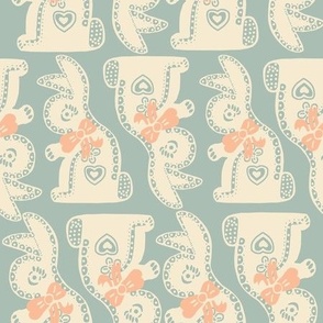 Springtime white Easter Bunnies in mid century modern colors with a folk art flair