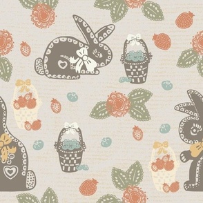 Springtime Easter Bunnies, Chocolate bunnies, baskets and berries, in mid century modern colors with a folk art flair