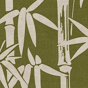 Olive Bamboo on Textured Linen - Boho Zen Minimalist Wallpaper