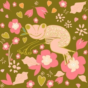 Happy Leap Year Frogs, Flowers And Hearts - Pink On Green.