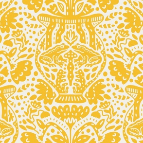 Frogs on a Vase - Yellow vase of flowers on pastel yellow, lemon yellow, Modern maximalist wallpaper and fabric