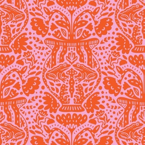 Frogs on a Vase - pink and orange modern maximalist wallpaper, still life with frogs