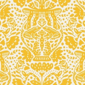 Large -Frogs on a Vase - yellow on lemon yellow -modern floral wallpaper