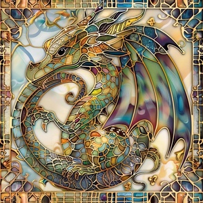 Large Watercolor Stained Glass Dragon Patchwork / Fabric / Wallpaper / Home Decor / Upholstery / Clothing