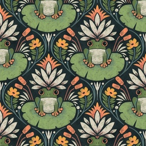 Frog and Lotus in Green and Navy – Medium Scale