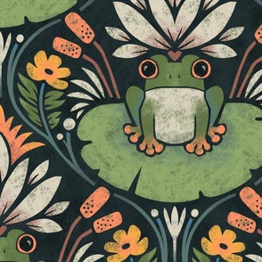 Frog and Lotus in Green and Navy – Large Scale