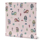 Mermaids with seahorses, fish and shells on pink - large