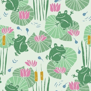 Leap Frog Leap - Lily Pads Pond Life - Jumping Frogs and Baby Tadpoles - Cattails and Water Lily - Block Print - Light Green - Pink - Mustard Yellow (Medium)