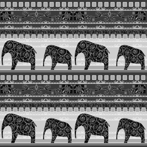 Gray black and white striped fabric patchwork with elephants