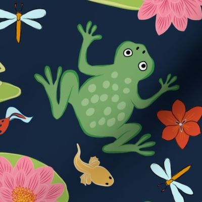 Lilly lake, pond- happy Frogs, tadpoles and  dragonflies//Large scale//multidirectional//wallpaper//home decor//fabric
