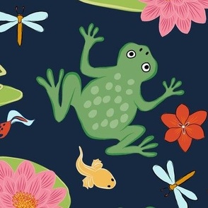 Lilly lake, pond- happy Frogs, tadpoles and  dragonflies//Large scale//multidirectional//wallpaper//home decor//fabric