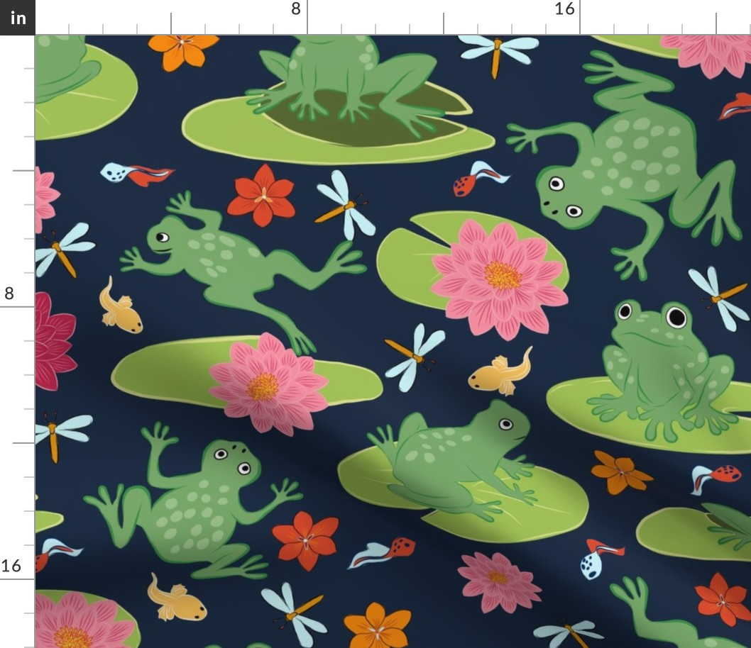 Lilly lake, pond- happy Frogs, tadpoles and  dragonflies//Large scale//multidirectional//wallpaper//home decor//fabric