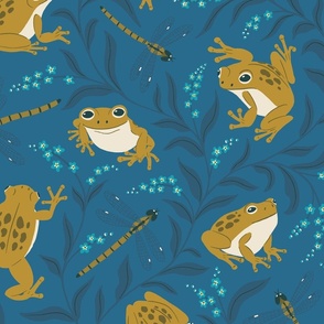 (L) Frogs and Forget-me-nots // mustard green frogs and dragonflies on deep blue
