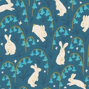 (M) Woodland Bunnies and Bluebells - Cute Hand Drawn White Rabbits on a Denim Blue Floral Background