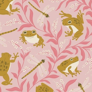 (L) Frogs and Forget-me-nots // mustard green frogs and dragonflies on pink