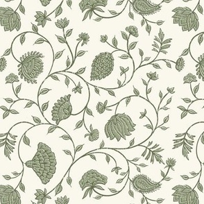 Sage green  block print traditional upholstery. Indian natural floral.