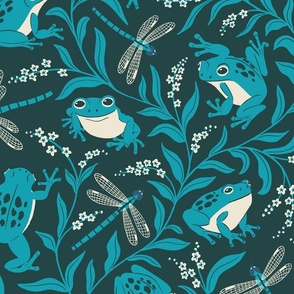 (L) Frogs and Forget-me-nots // blue frogs and dragonflies on dark blue