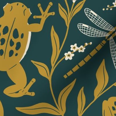(L) Frogs and Forget-me-nots // mustard green frogs and dragonflies on dark blue