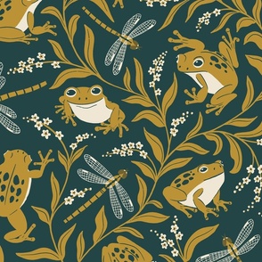 (L) Frogs and Forget-me-nots // mustard green frogs and dragonflies on dark blue