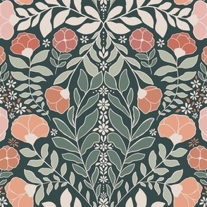 Symmetrical modern florals in green tones, orange and pink
