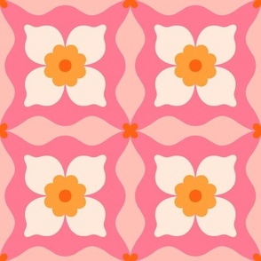 Beautiful floral tile in retro style in pink, white and yellow  colours