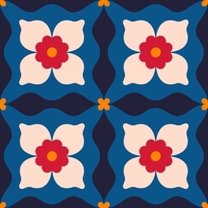 Beautiful modern pattern in retro style in dark blue, black, red and beige colours